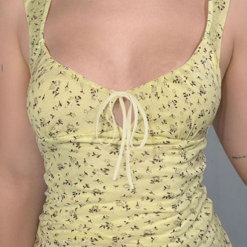 Yellow Floral Mesh Chest Strap Collar Short Sleeve