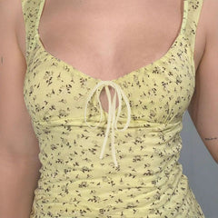 Yellow Floral Mesh Chest Strap Collar Short Sleeve