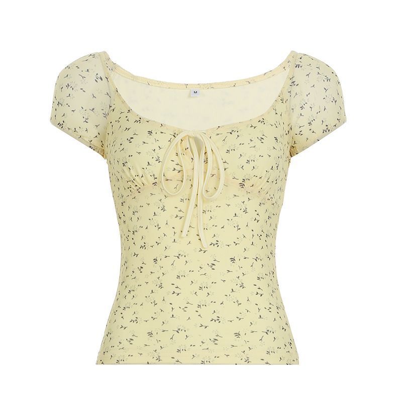 Yellow Floral Mesh Chest Strap Collar Short Sleeve