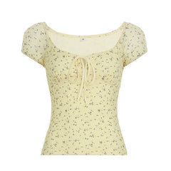 Yellow Floral Mesh Chest Strap Collar Short Sleeve