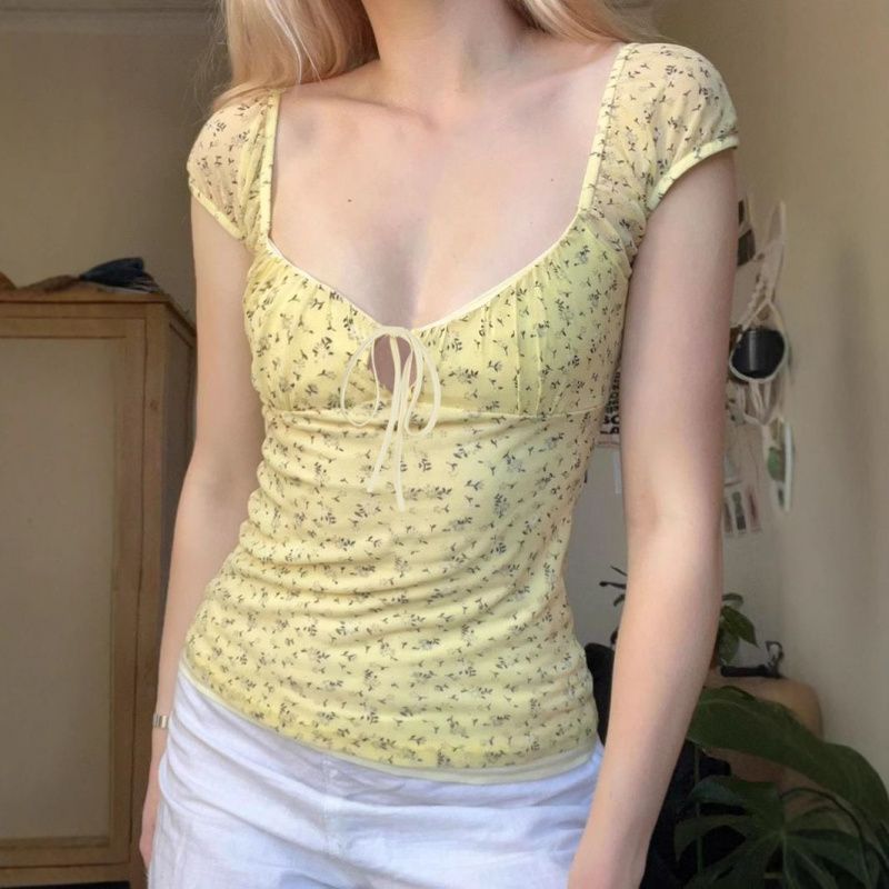 Yellow Floral Mesh Chest Strap Collar Short Sleeve