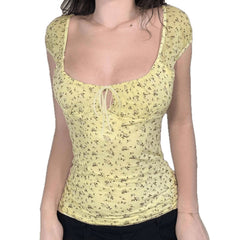 Yellow Floral Mesh Chest Strap Collar Short Sleeve